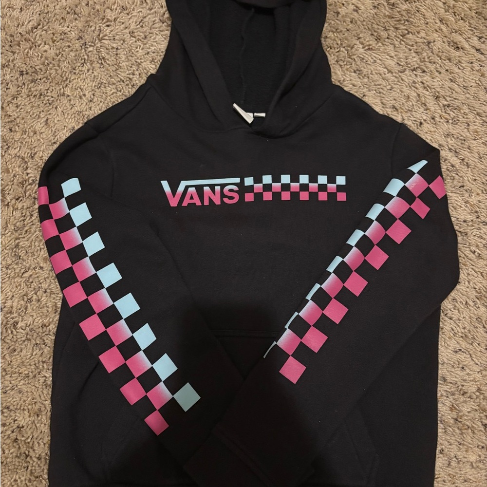 Vans Black Hoodie with Pink and Blue Checkered Design